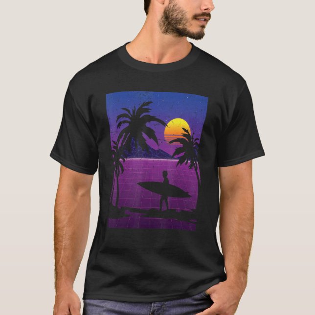 Surfer Palm Trees Synthwave Sunset Watersport Surf T-Shirt (Front)