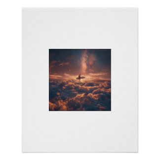 Surfer Riding a Sea of Clouds Under the Milky Way Poster