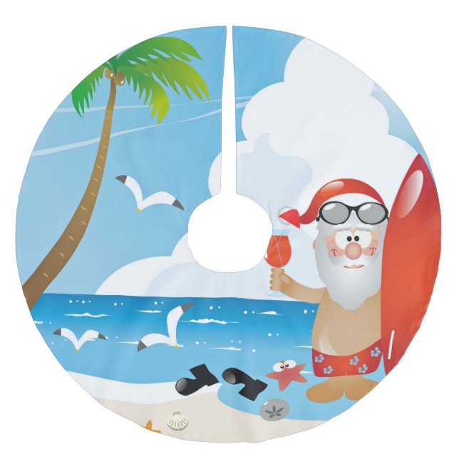 surfer santa claus brushed polyester tree skirt (Front)