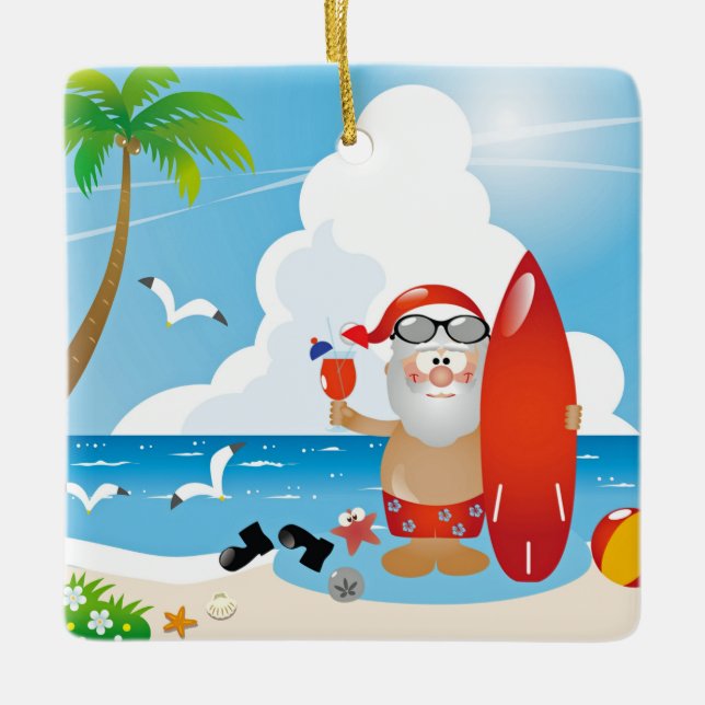 surfer santa claus ceramic ornament (Front)