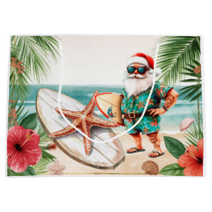 Surfer Santa Claus Surfing Christmas at the Beach Large Gift Bag