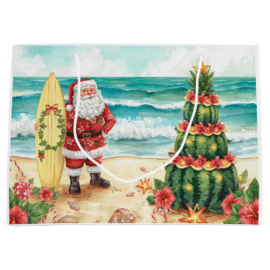Surfer Santa Claus Surfing Christmas at the Beach Large Gift Bag