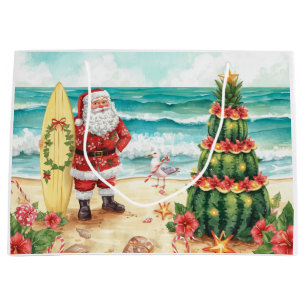 Surfer Santa Claus Surfing Christmas at the Beach Large Gift Bag