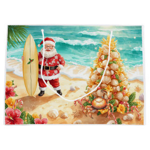 Surfer Santa Claus Surfing Christmas at the Beach Large Gift Bag
