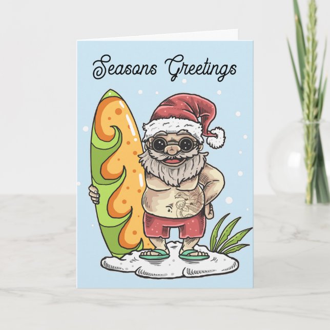 Surfer Santa with Tattoo Christmas Card (Front)