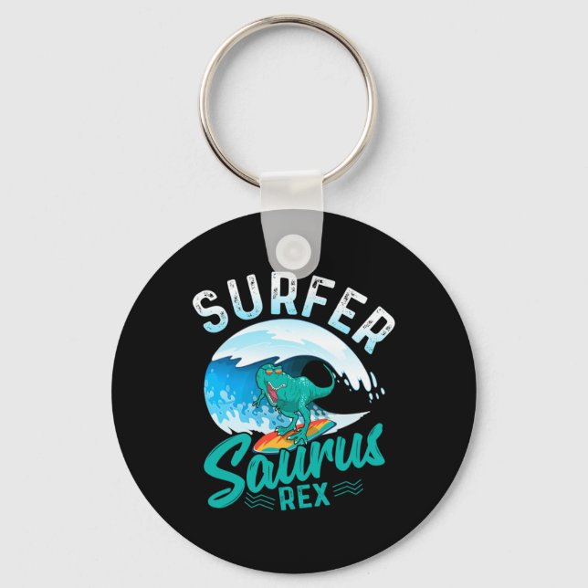 Surfer Saurus Rex Surfing Dinosaur Surf Dino Surfe Key Ring (Front)