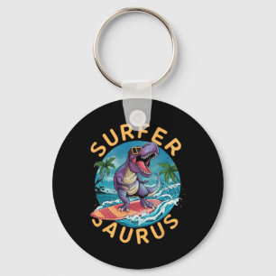 Surfer Saurus T-rex Dinosaurs Surfing Dino Rider  Key Ring