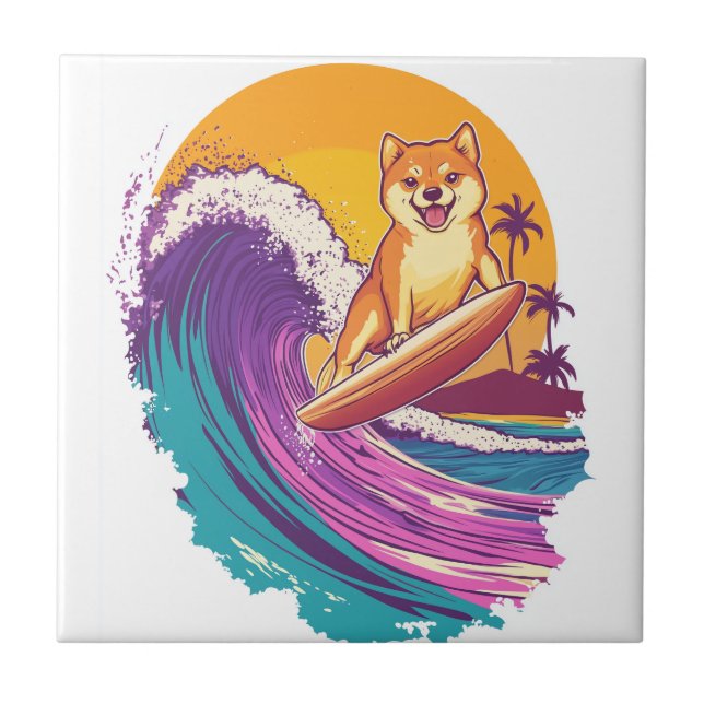 Surfer Shiba � Beach Vibes Dog Ceramic Tile (Front)