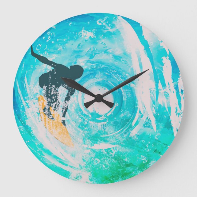 Surfer Silhouette And Blue Water Waves Wall Clock (Front)