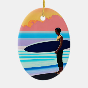Surfer Standing on a Beach At Sunset Ceramic Ornament