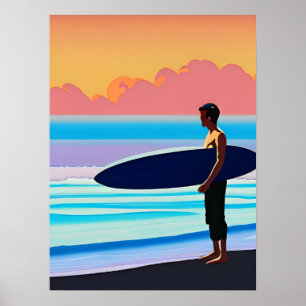 Surfer Standing on a Beach At Sunset Poster