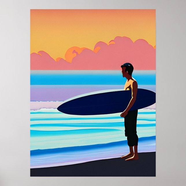 Surfer Standing on a Beach At Sunset  Poster (Front)
