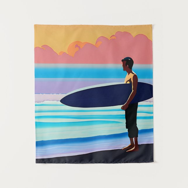Surfer Standing on a Beach At Sunset  Tapestry (Front)