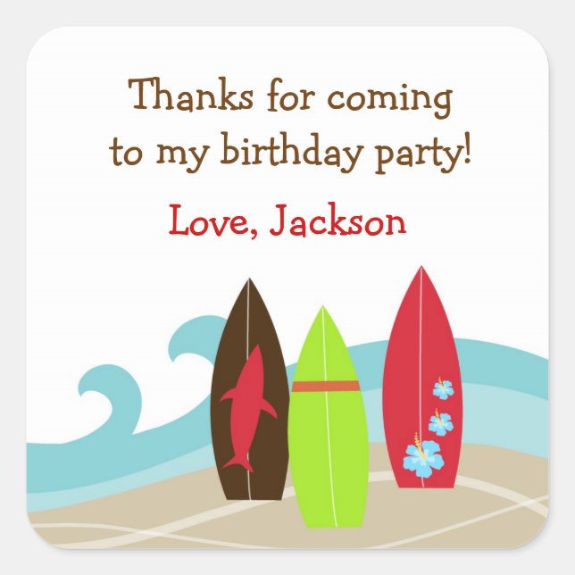 Surfer Surf Birthday Party favour stickers labels (Front)