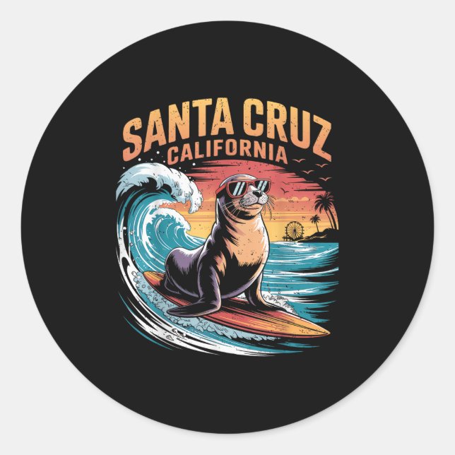 Surfer Surfing 70s 80s Santa Cruz California Retro Classic Round Sticker (Front)