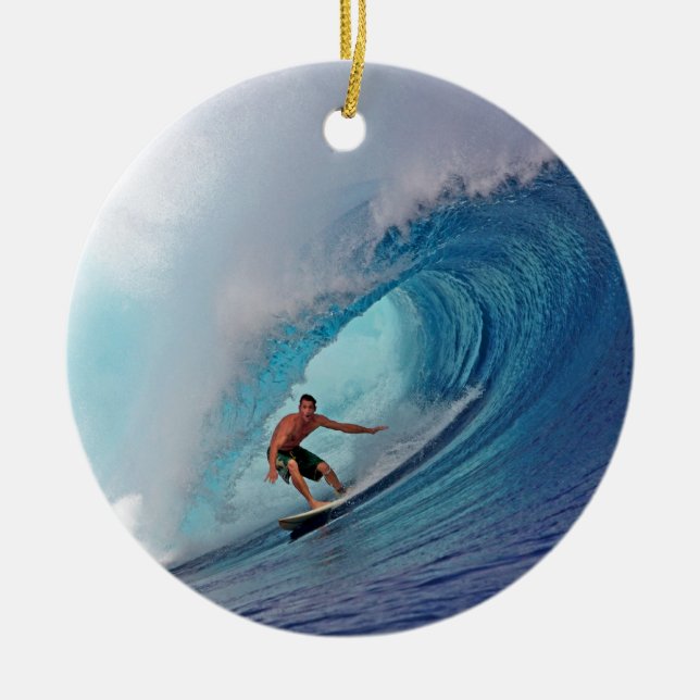 Surfer surfing a huge wave. ceramic ornament (Front)