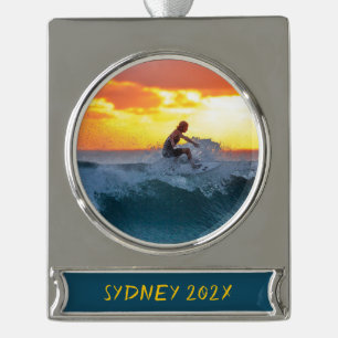 Surfer Surfing Photo Personalised Christmas  Silver Plated Banner Ornament