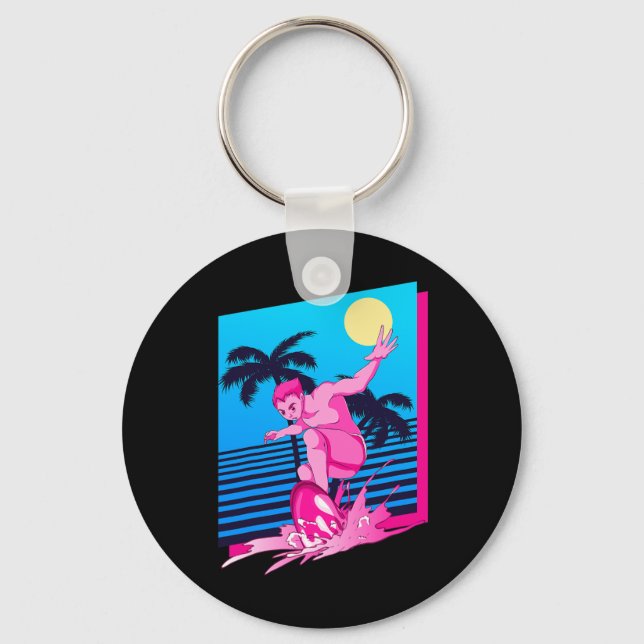 Surfer Synthwave Sunset Palm Trees Surfing 80s Art Key Ring (Front)