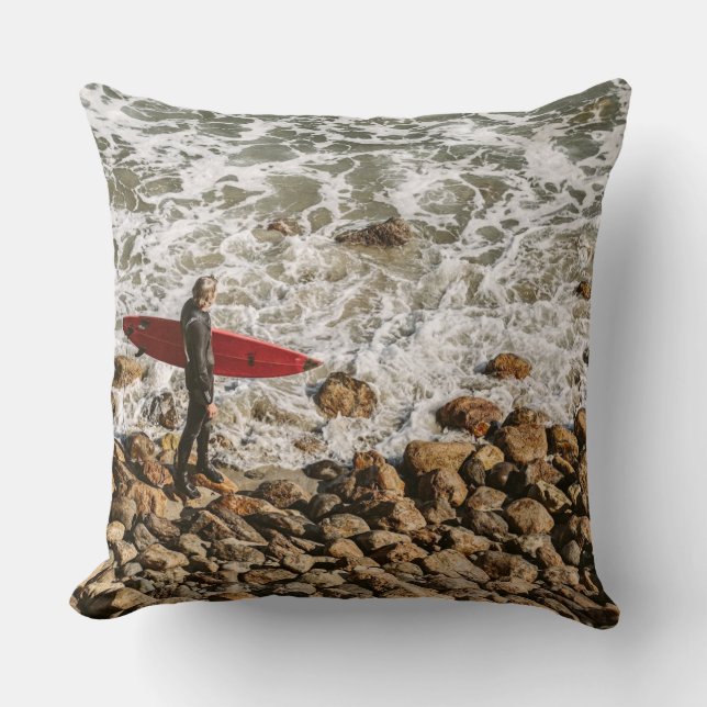 Surfer Walking Rocky Beach, Ocean Waves Coastal  Cushion (Front)