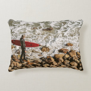 Surfer Walking Rocky Beach, Ocean Waves Coastal Decorative Cushion