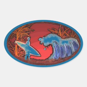 Surfer waves navy blue beach scene stickers
