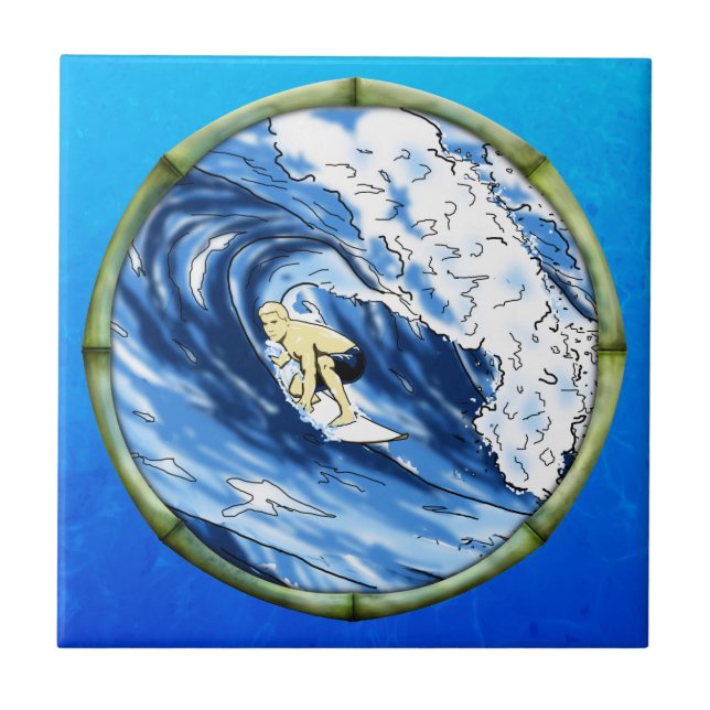 Surfer With Bamboo Frame Ceramic Tile (Front)