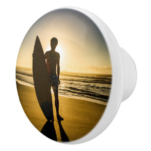 Surfer with board on Beach Ceramic Knob