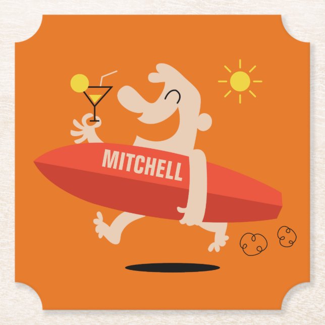 Surfer with Cocktail custom name paper coasters (Front)