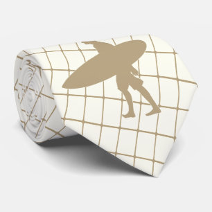 Surfer With Surf Board on Tan Check Necktie