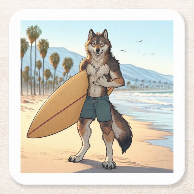 Surfer Wolf   Square Paper Coaster (Front)