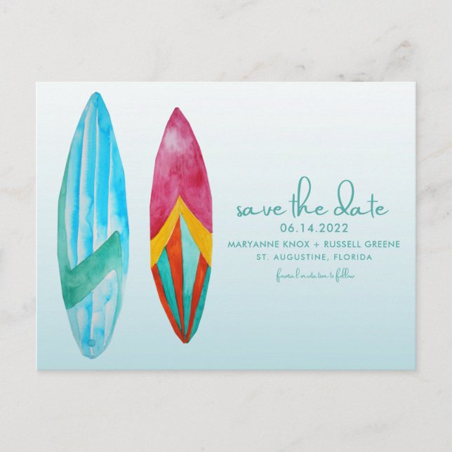 Surfers Beach Wedding Save the Date Postcard (Front)