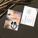 Surfers couple at sunset watercolor save the date postcard<br><div class="desc">Surfers couple with surfboards at sunset watercolor Save the date postcard. Watercolor California scenery scenery for a save the date invitation.</div>
