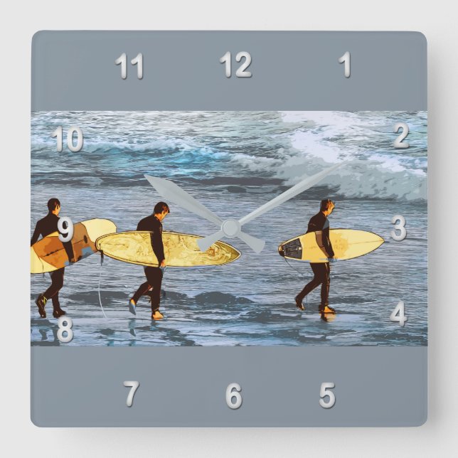 Surfers Head Into the Ocean to Catch the Last Wave Square Wall Clock (Front)