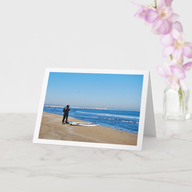 Surfers on Malvarossa Beach in Valencia, Spain Card (Orchid)