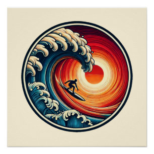 Surfer's Sunset Wave Glossy Poster