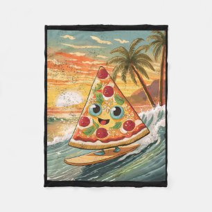 Surfing A Wave Pizza Slice In Tropical Beach Funny Fleece Blanket