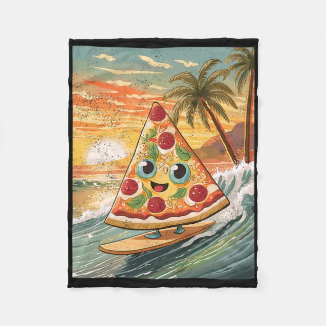 Surfing A Wave Pizza Slice In Tropical Beach Funny Fleece Blanket (Front)