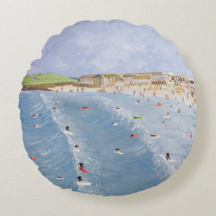 Surfing at Porthmeor Round Cushion