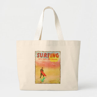 Surfing at Sunrise Vintage Poster Style Design Large Tote Bag