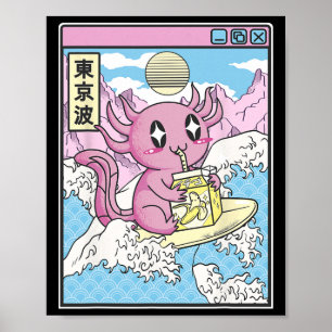 Surfing Axolotl Drinking Nana Milk Kawaii Anime Va Poster