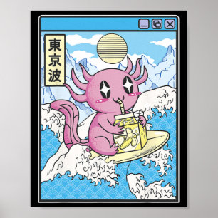 Surfing Axolotl Drinking Nana Milk Kawaii Anime Va Poster