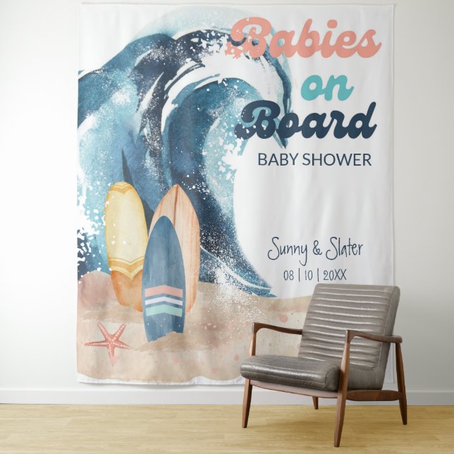 Surfing Babies On Board Beach Twins Baby Shower Tapestry (In Situ)