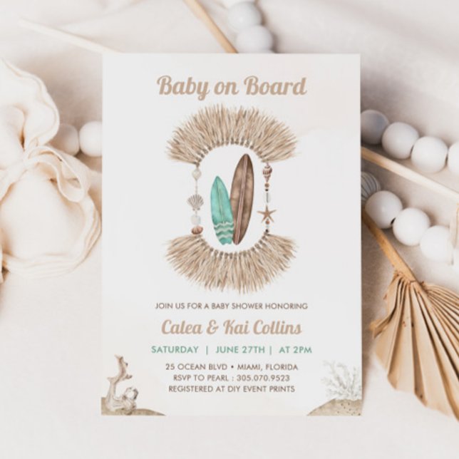 Surfing Beach Boho Baby On Board Baby Shower Invitation (Creator Uploaded)