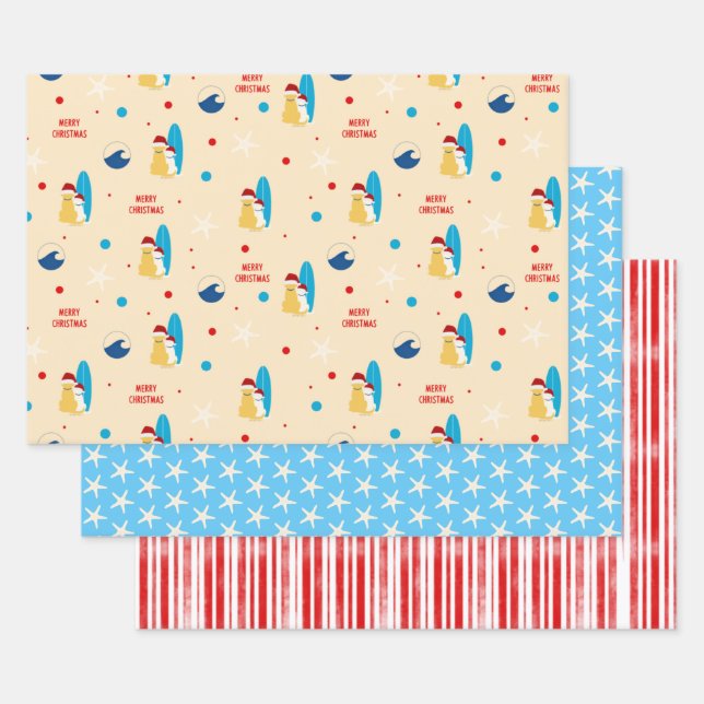 Surfing Beach Dog Christmas Gift Wrap Set of 3 (Set)