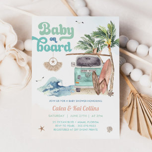 Surfing Beach Retro Baby On Board Baby Shower Invitation