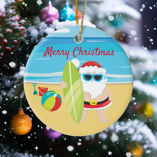 Surfing Beach Santa Tropical Ceramic Ornament
