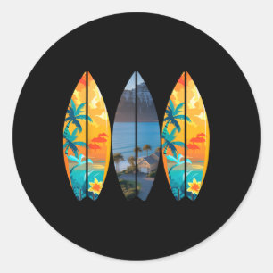 Surfing Beach Surfboard Retro Tropical Hawaii Palm Classic Round Sticker