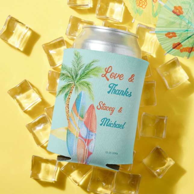 Surfing beach tropical seaside wedding favours can cooler (In Situ Summer)