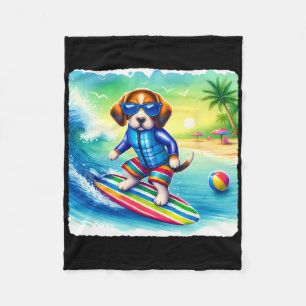 Surfing Beagle In Safety Vest On Wave. Sungles Sur Fleece Blanket
