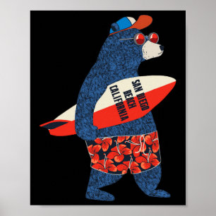 Surfing Bear On San Diego Beach California Summer  Poster
